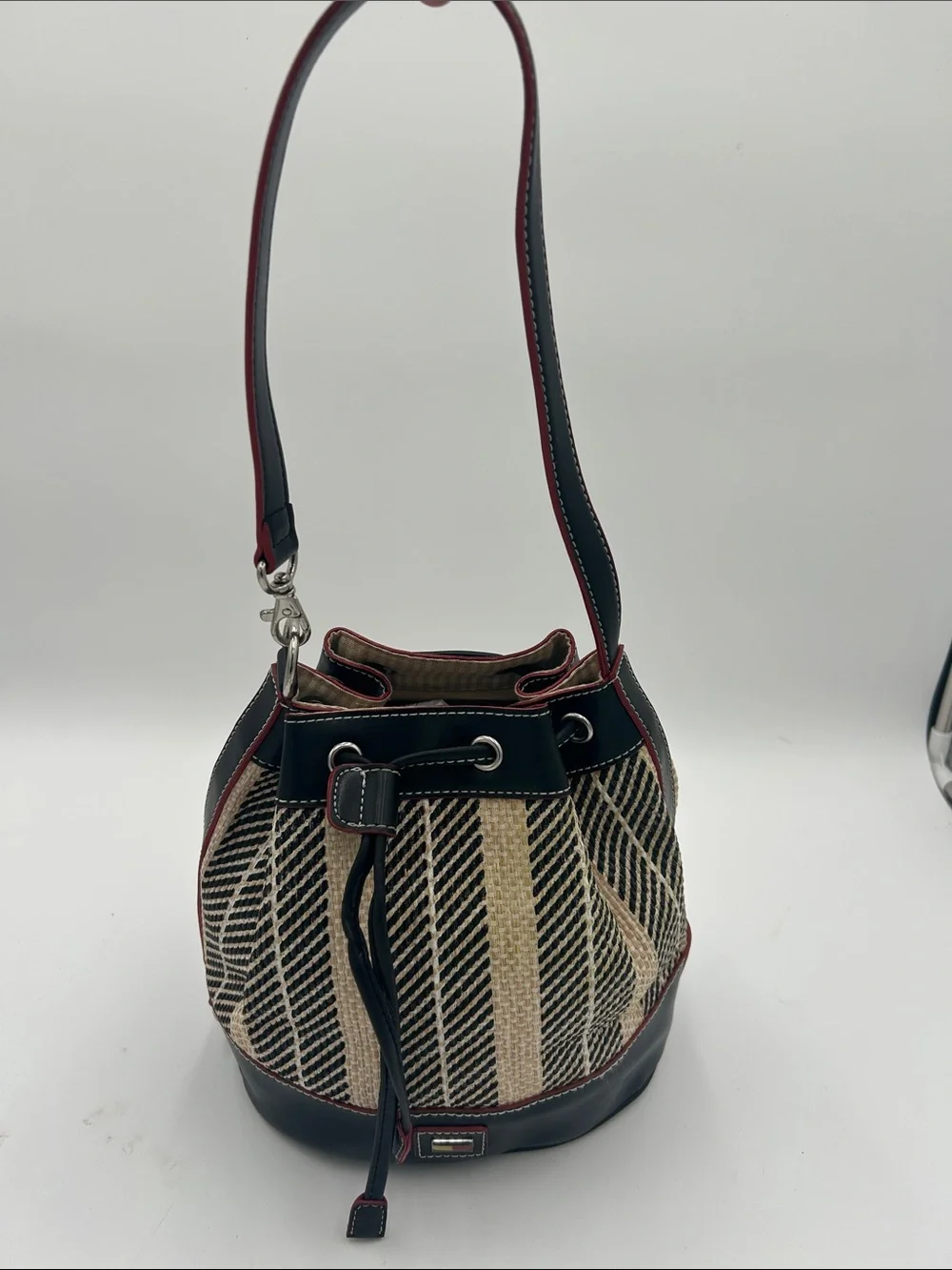 Y2K Tommy Hilfiger Black Natural/Red Straw Leather Bucket Bag Matching‎ Eye Case